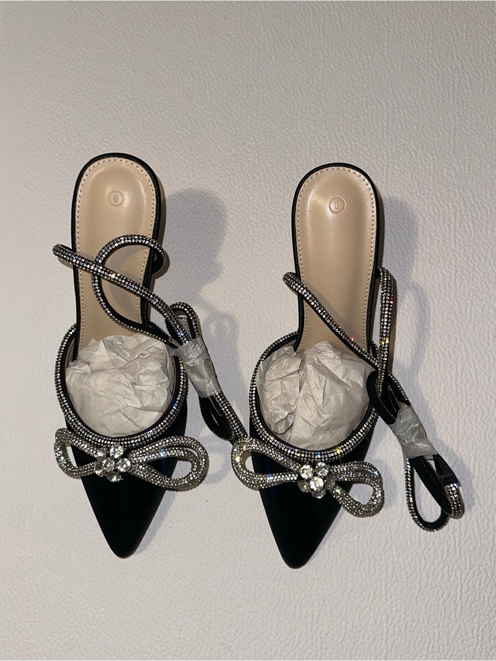 Black Slingback Heels with Crystal Bow